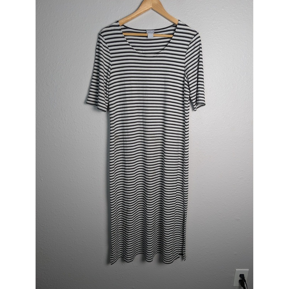 Chico's Dress Womens 8/10 M Black Midi T-Shirt Dress Scoop Neck Striped Jersey